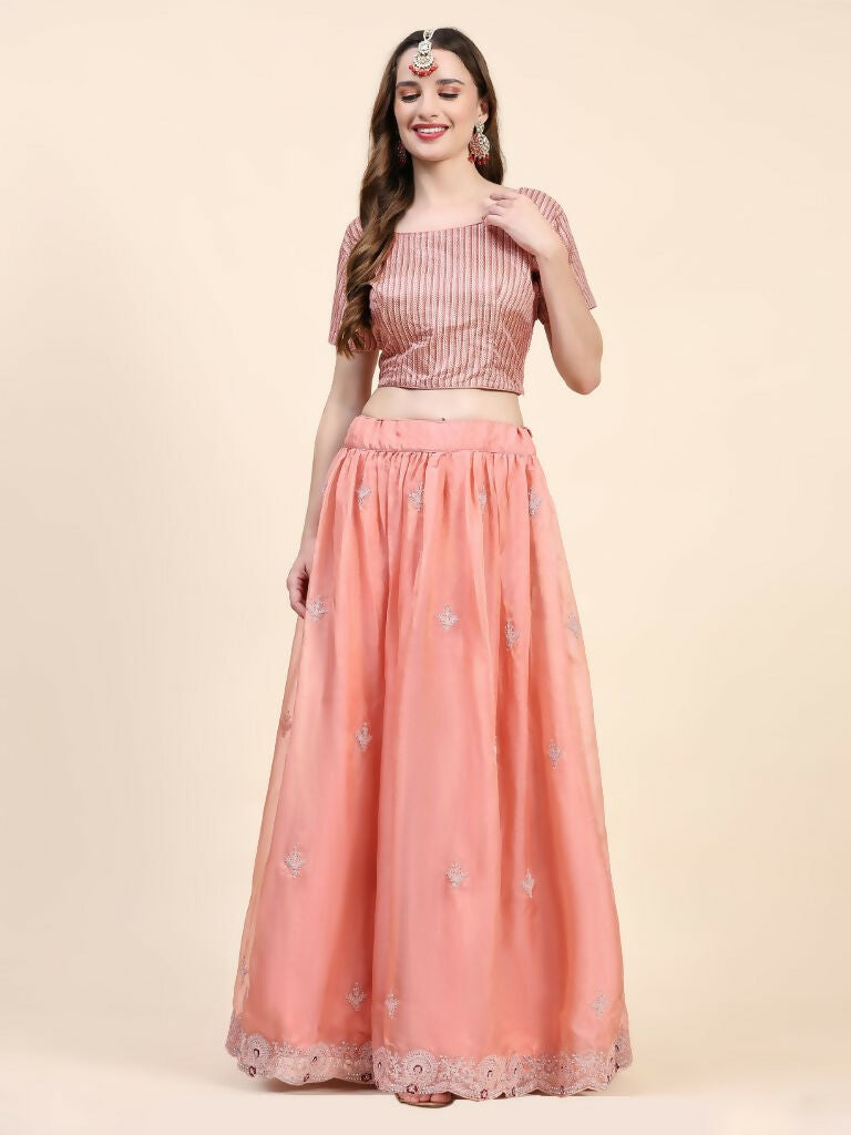 Peach Silk Embroidered Poncho Pattern Top & Lehenga with Dupatta - Tanya | Grocsy