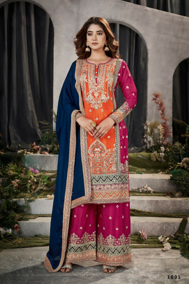 Partywear Designer Keshri Chinon Fabric suit - Shagun | Grocsy