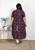Miravan Women's Plus Size Wine Mandarin Neck Floral Printed A-Line Party wear Kurta | Grocsy