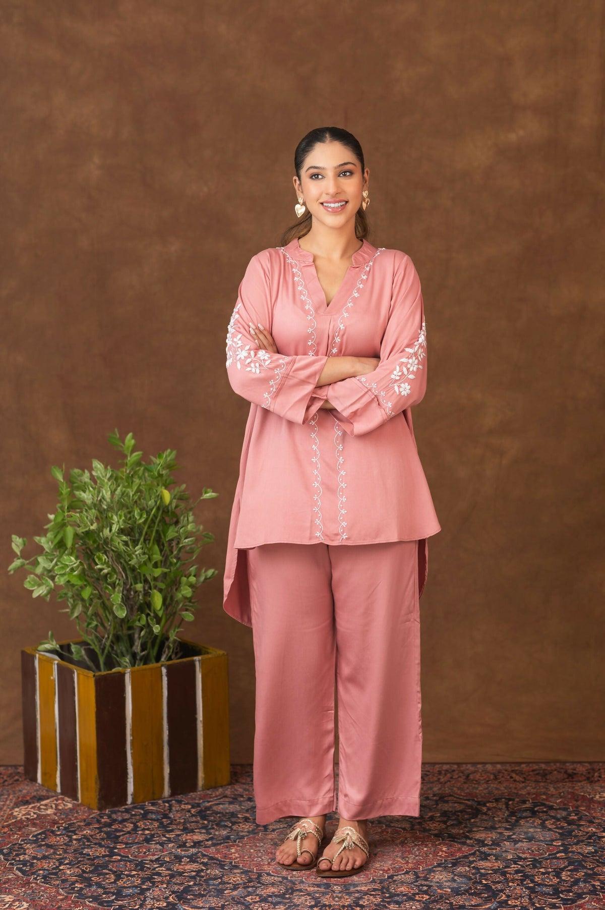 Gharana India Jashn Premium Women's Chikankari Embroidered Twilight Silk Co-ord Set - Onion Pink | Grocsy