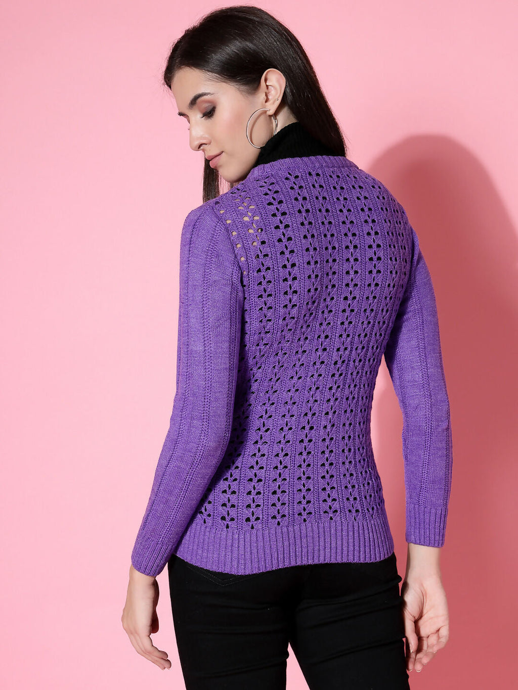 Women Pointelle Purple Acrylic Winter Cardigan - Wool Trees | Grocsy