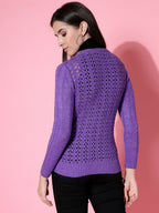 Women Pointelle Purple Acrylic Winter Cardigan - Wool Trees | Grocsy