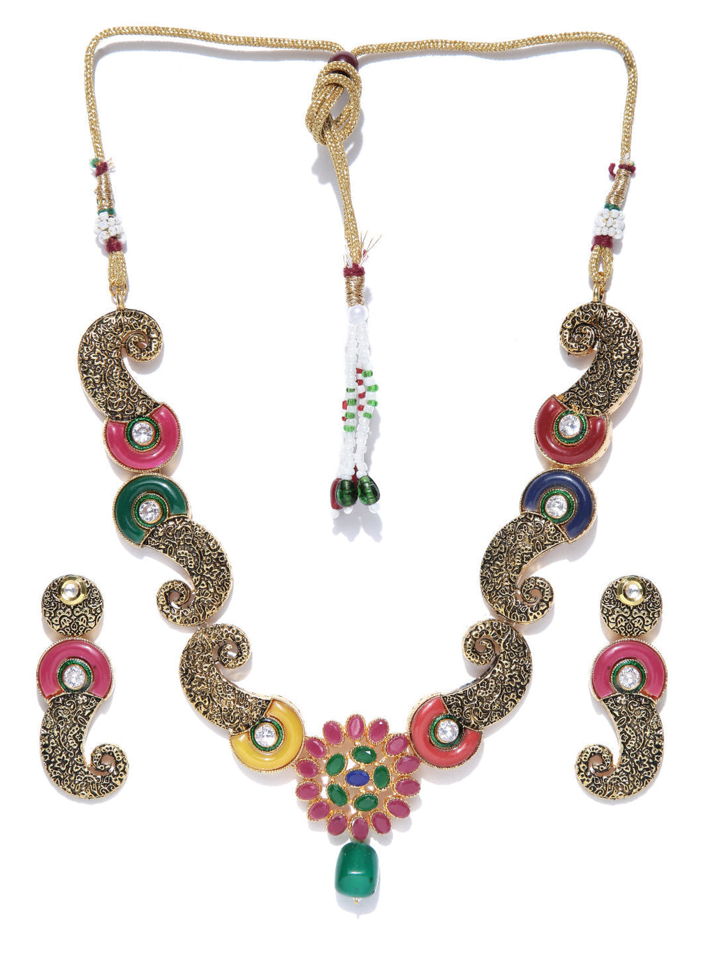 Priyaasi Women Multi-Color Kundan Ruby Emerald Gold-Polished Jewellery Set - Swadesiicart