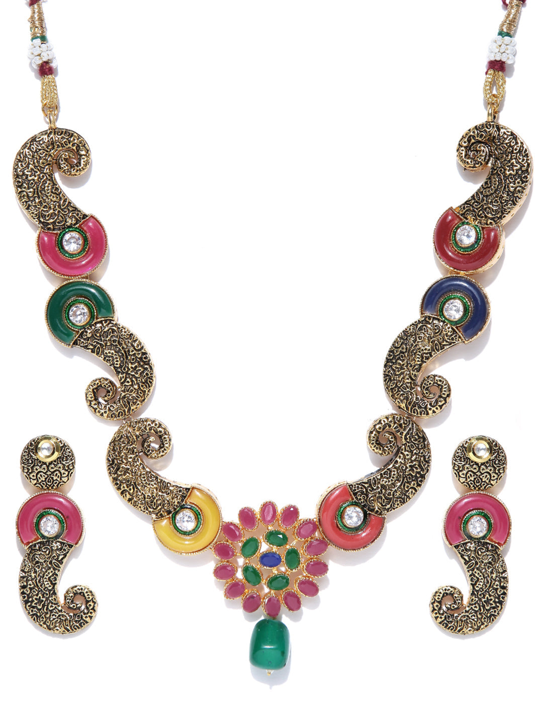 Priyaasi Women Multi-Color Kundan Ruby Emerald Gold-Polished Jewellery Set - Swadesiicart