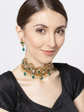 Priyaasi Women Emerald Beads Kundan Gold-Polished Floral Jewellery Set - Noz2Toz