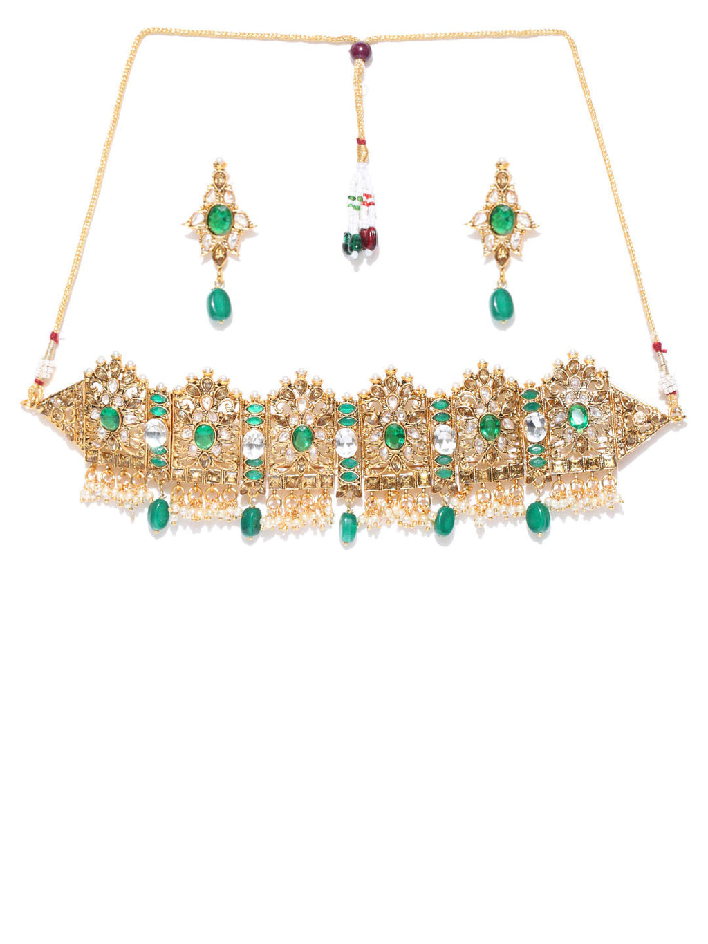 Priyaasi Women Emerald Beads Kundan Gold-Polished Floral Jewellery Set - Swadesiicart