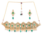 Priyaasi Women Emerald Beads Kundan Gold-Polished Floral Jewellery Set - Swadesiicart