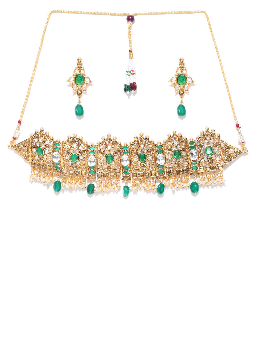 Priyaasi Women Emerald Beads Kundan Gold-Polished Floral Jewellery Set - Swadesiicart