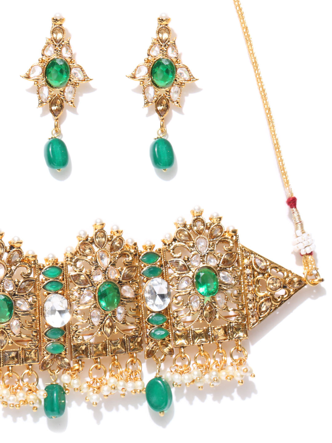 Priyaasi Women Emerald Beads Kundan Gold-Polished Floral Jewellery Set - Swadesiicart