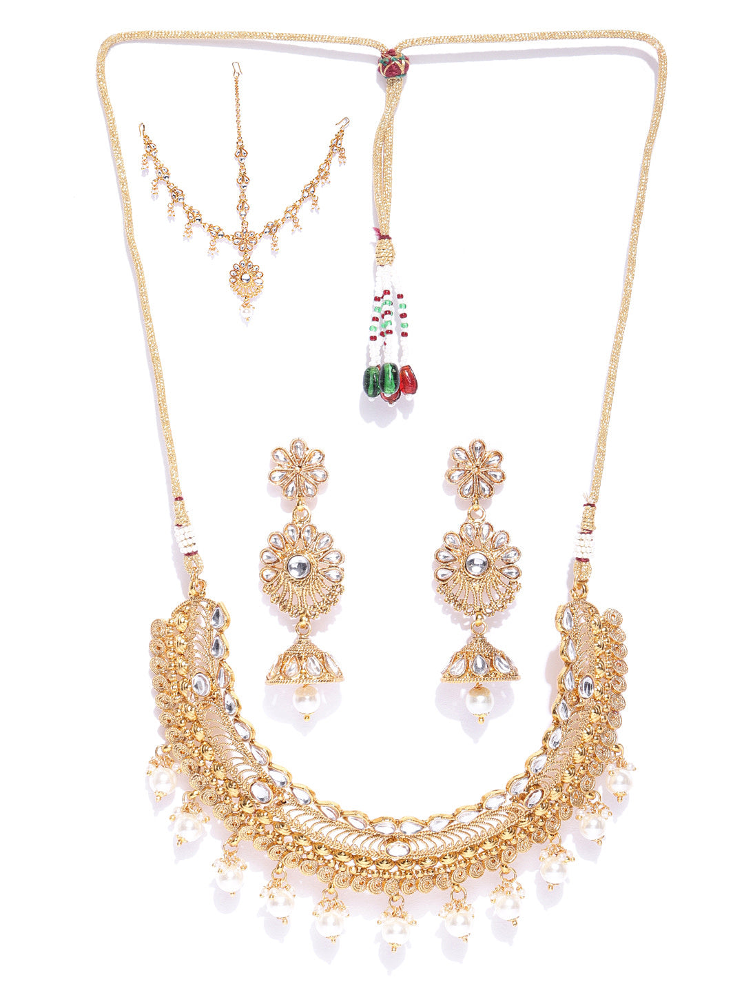 Priyaasi Women Kundan Pearls Gold-Polished MaangTika Jewellery Set - Swadesiicart