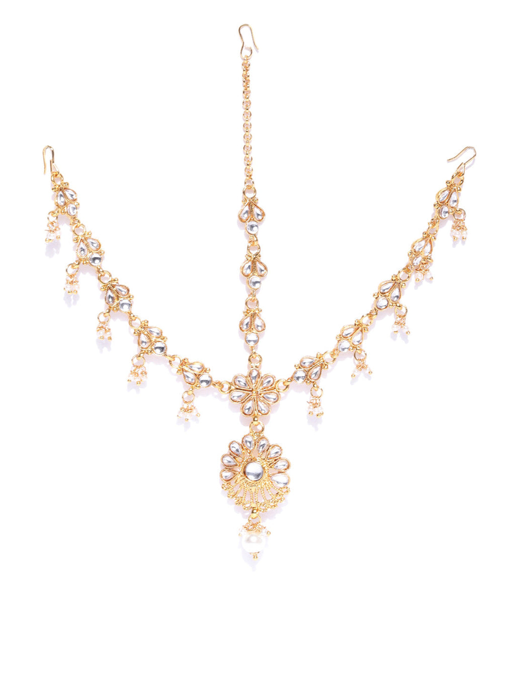 Priyaasi Women Kundan Pearls Gold-Polished MaangTika Jewellery Set - Swadesiicart