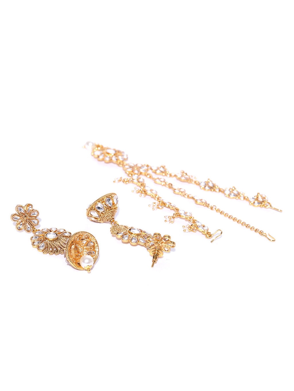 Priyaasi Women Kundan Pearls Gold-Polished MaangTika Jewellery Set - Swadesiicart