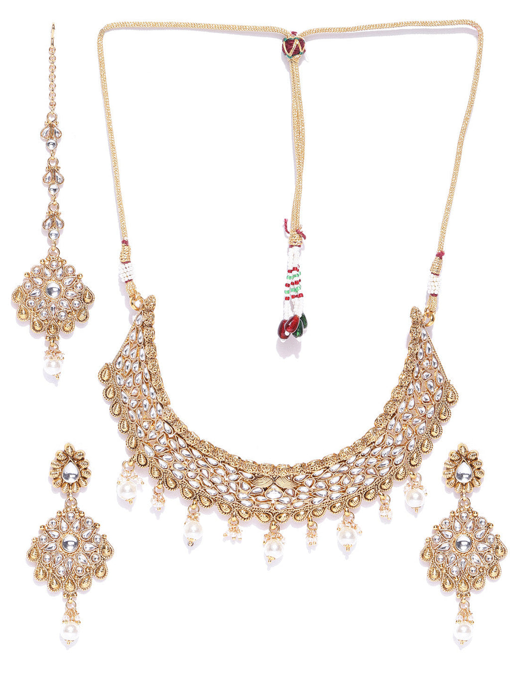 Priyaasi Women White Beads Pearls Kundan Gold-Polished MaangTika Jewellery Set - Swadesiicart