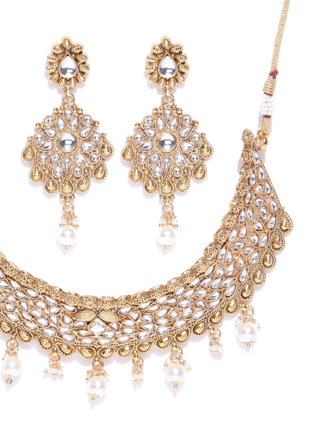 Priyaasi Women White Beads Pearls Kundan Gold-Polished MaangTika Jewellery Set - Swadesiicart