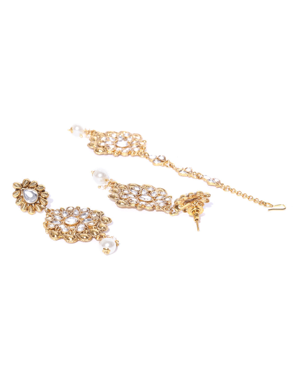 Priyaasi Women White Beads Pearls Kundan Gold-Polished MaangTika Jewellery Set - Swadesiicart