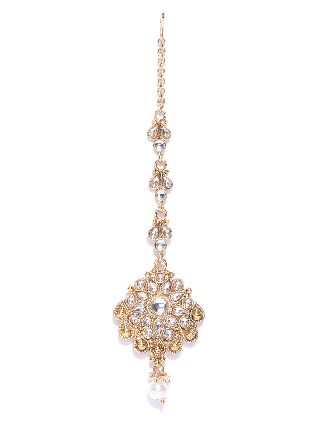 Priyaasi Women White Beads Pearls Kundan Gold-Polished MaangTika Jewellery Set - Swadesiicart
