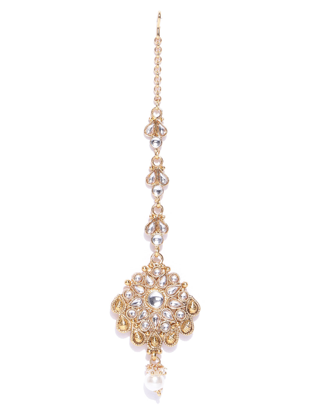 Priyaasi Women White Beads Pearls Kundan Gold-Polished MaangTika Jewellery Set - Swadesiicart
