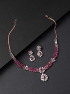 Priyaasi Women Pink Ruby American Diamond Rose Gold-Polished Jewellery Set - Noz2Toz