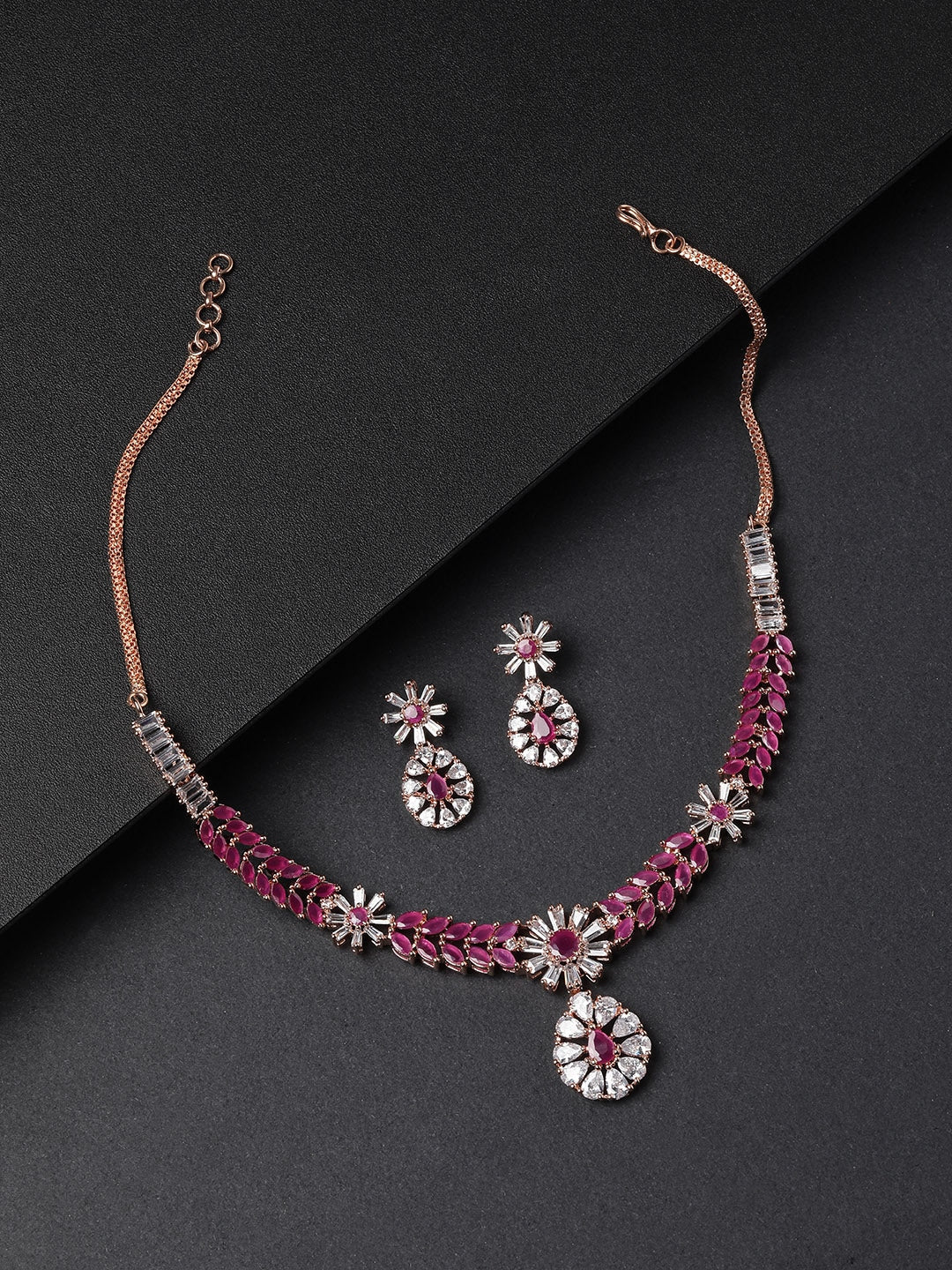 Priyaasi Women Pink Ruby American Diamond Rose Gold-Polished Jewellery Set - Noz2Toz