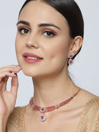 Priyaasi Women Pink Ruby American Diamond Rose Gold-Polished Jewellery Set - Swadesiicart