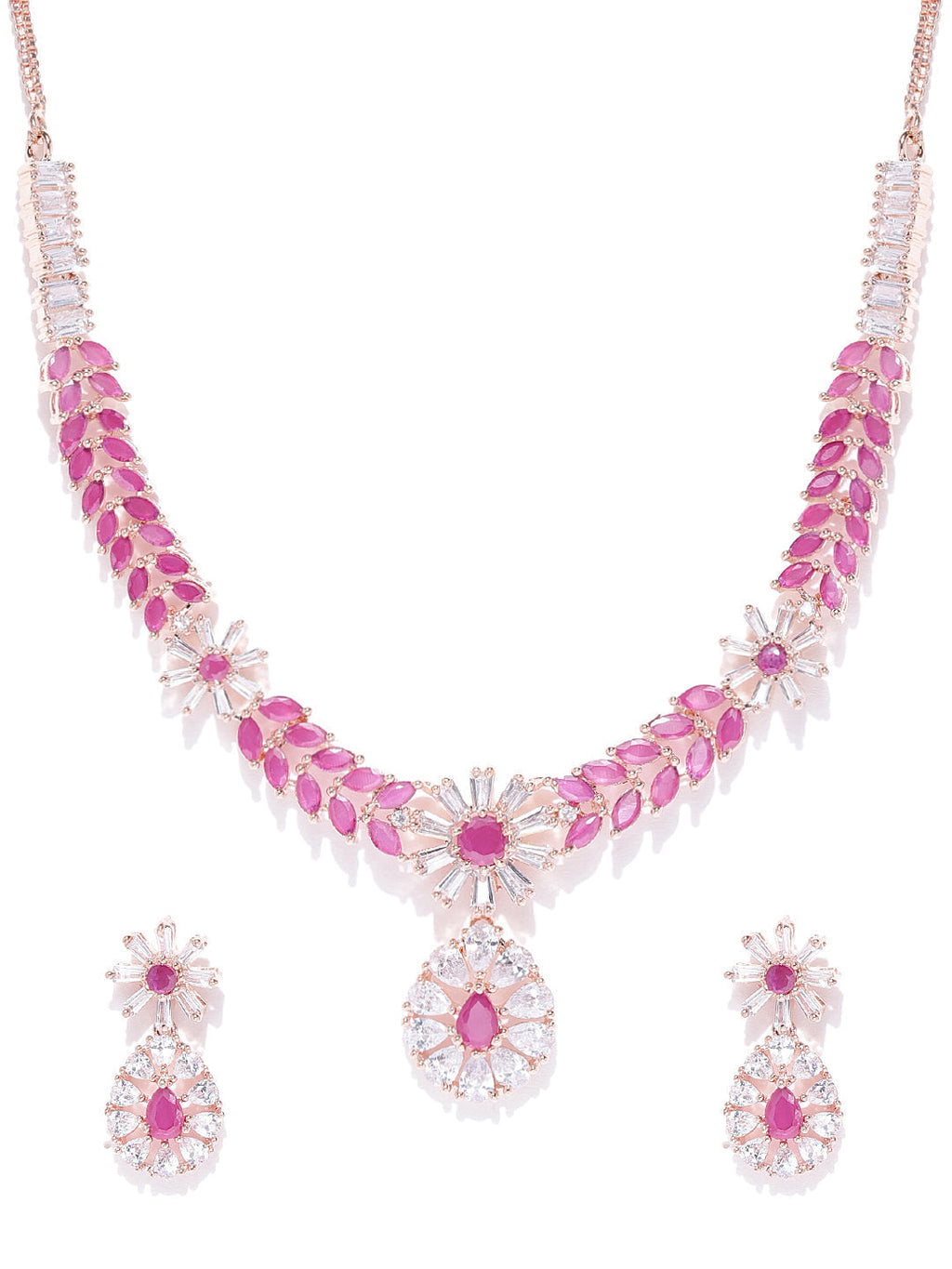 Priyaasi Women Pink Ruby American Diamond Rose Gold-Polished Jewellery Set - Swadesiicart