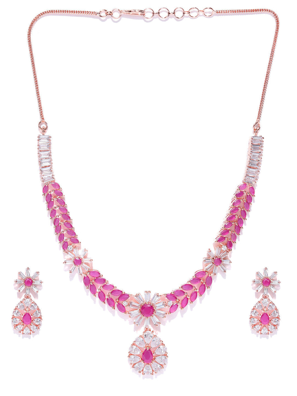 Priyaasi Women Pink Ruby American Diamond Rose Gold-Polished Jewellery Set - Swadesiicart