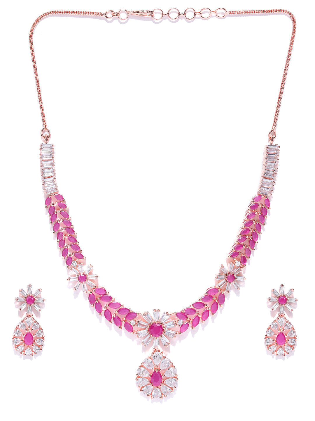 Priyaasi Women Pink Ruby American Diamond Rose Gold-Polished Jewellery Set - Swadesiicart
