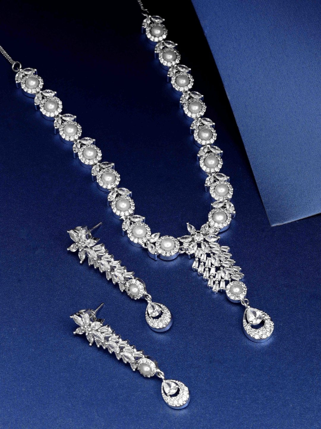 Priyaasi Women American Diamond Pearls Silver Plated Jewellery Set - Noz2Toz