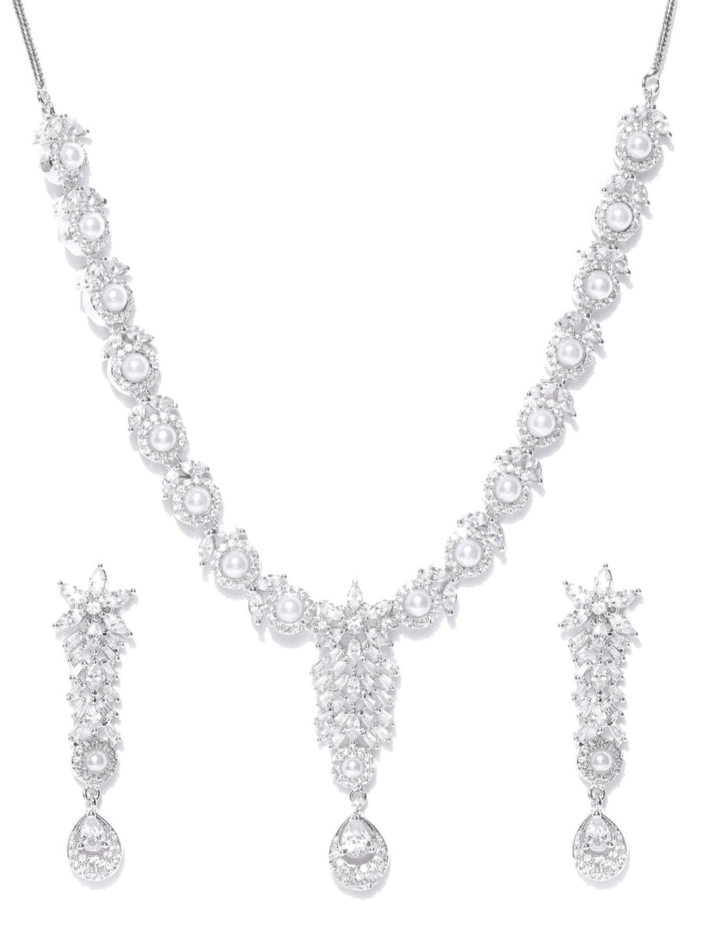 Priyaasi Women American Diamond Pearls Silver Plated Jewellery Set - Swadesiicart