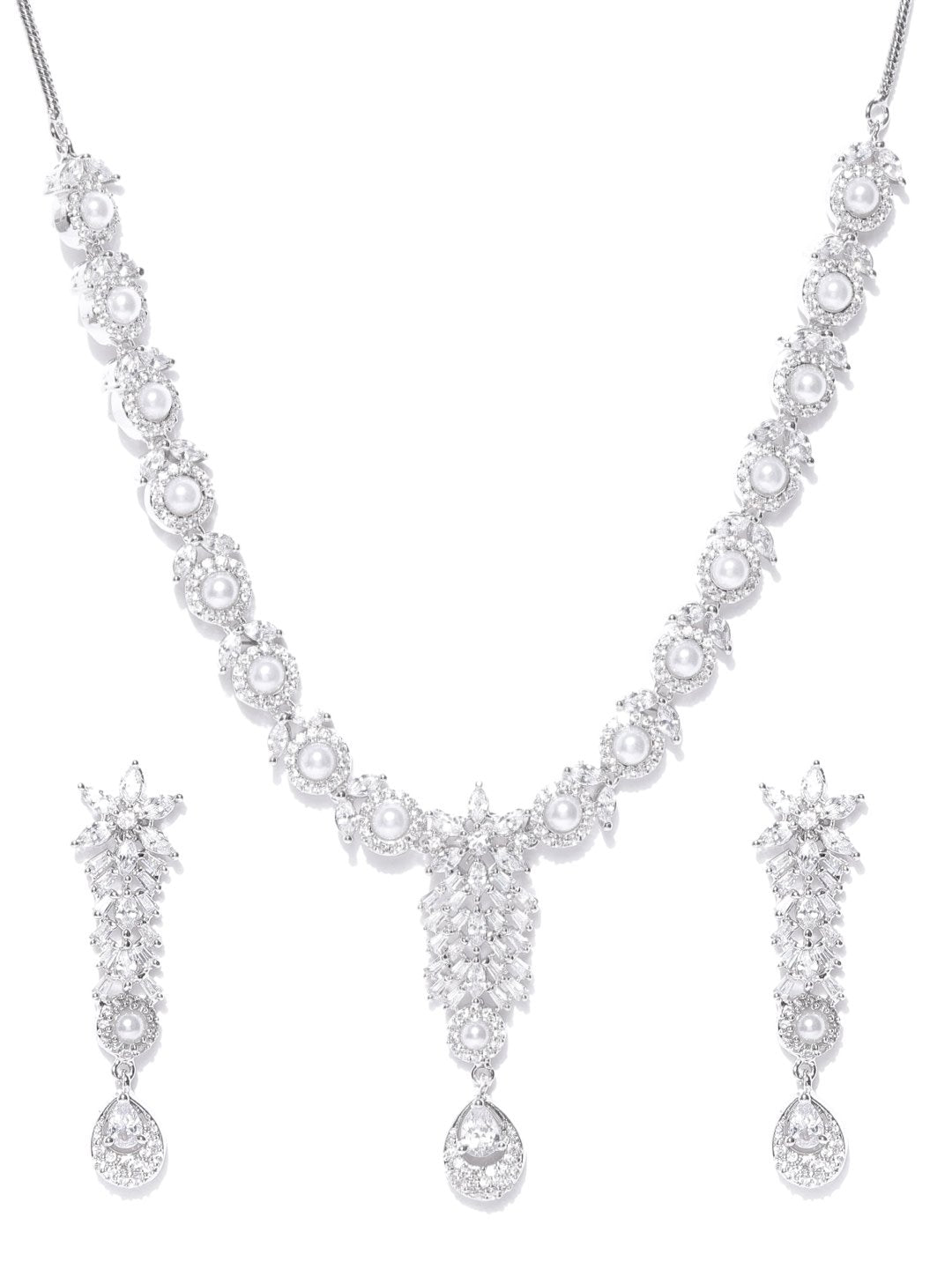 Priyaasi Women American Diamond Pearls Silver Plated Jewellery Set - Swadesiicart