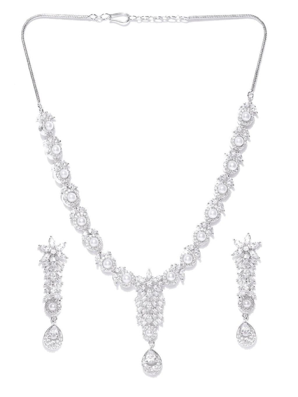 Priyaasi Women American Diamond Pearls Silver Plated Jewellery Set - Swadesiicart