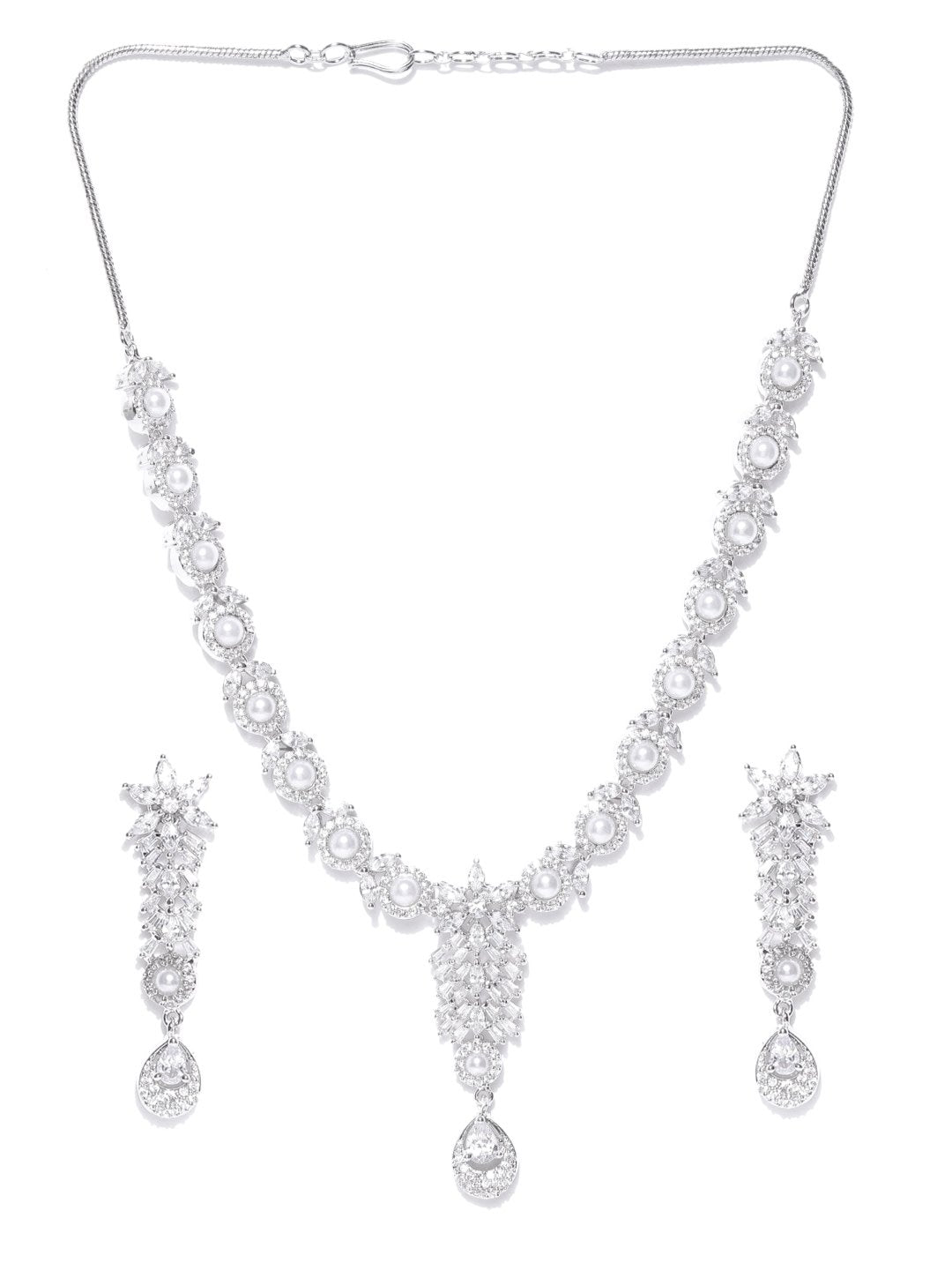Priyaasi Women American Diamond Pearls Silver Plated Jewellery Set - Swadesiicart
