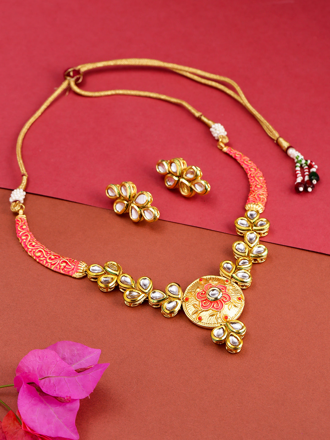 Priyaasi Women Peach Kundan Gold-Polished Meenakari Jewellery Set - Noz2Toz