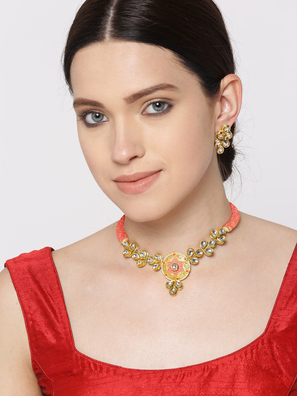 Priyaasi Women Peach Kundan Gold-Polished Meenakari Jewellery Set - Swadesiicart