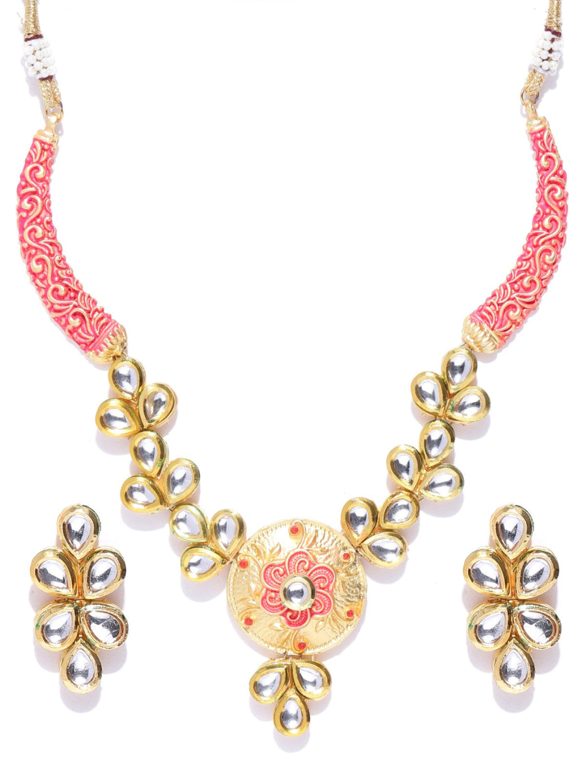 Priyaasi Women Peach Kundan Gold-Polished Meenakari Jewellery Set - Swadesiicart