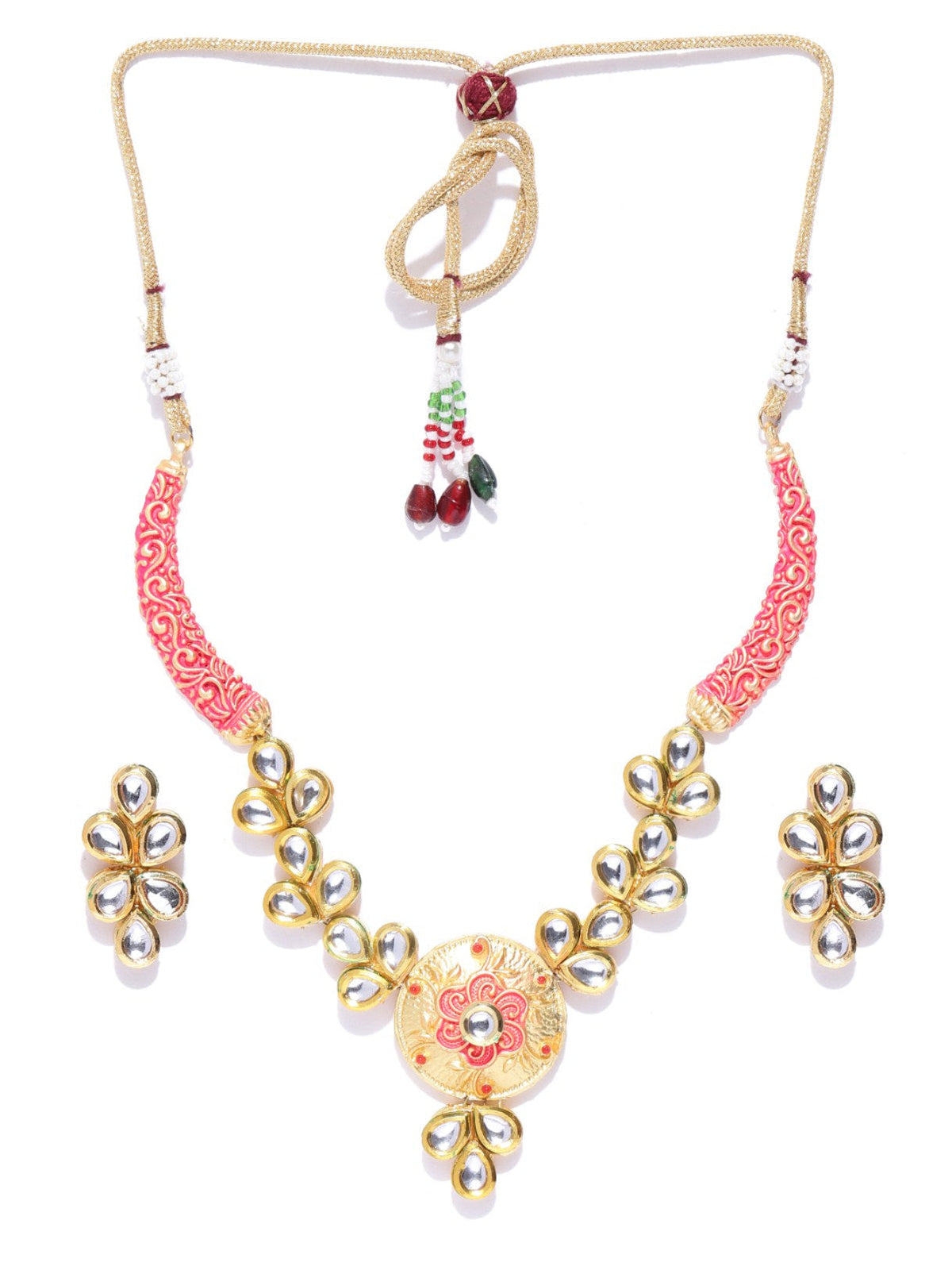 Priyaasi Women Peach Kundan Gold-Polished Meenakari Jewellery Set - Swadesiicart