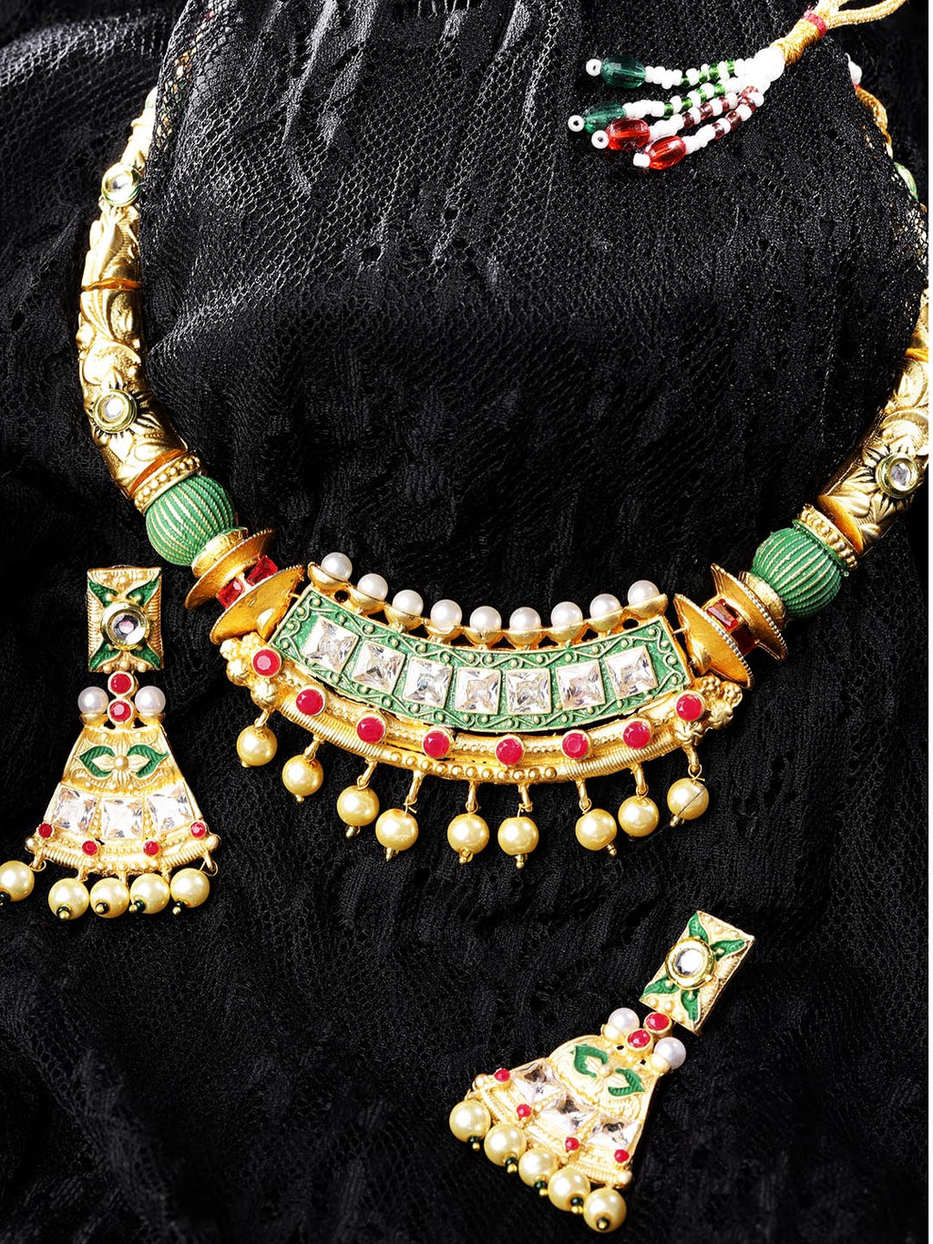 Priyaasi Women Ruby Pearls Stones Gold-Polished Meenakari Jewellery Set - Noz2Toz
