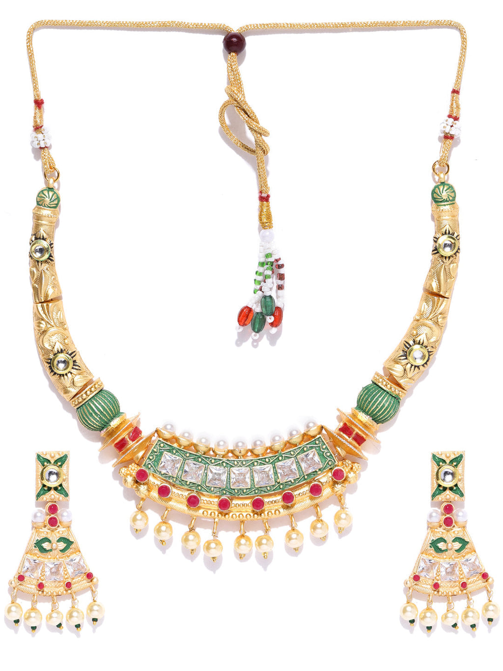 Priyaasi Women Ruby Pearls Stones Gold-Polished Meenakari Jewellery Set - Swadesiicart