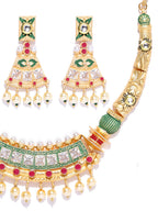 Priyaasi Women Ruby Pearls Stones Gold-Polished Meenakari Jewellery Set - Swadesiicart