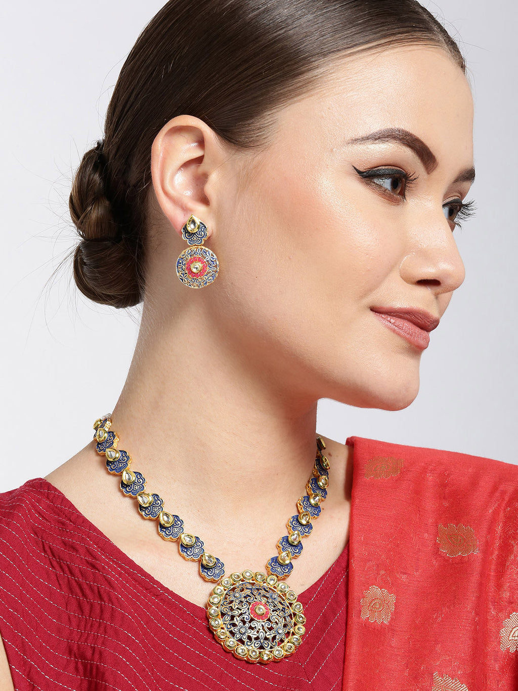 Priyaasi Women Blue Red Kundan Gold-Polished Meenakari Jewellery Set - Swadesiicart