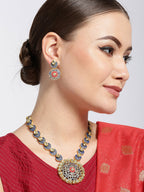 Priyaasi Women Blue Red Kundan Gold-Polished Meenakari Jewellery Set - Swadesiicart