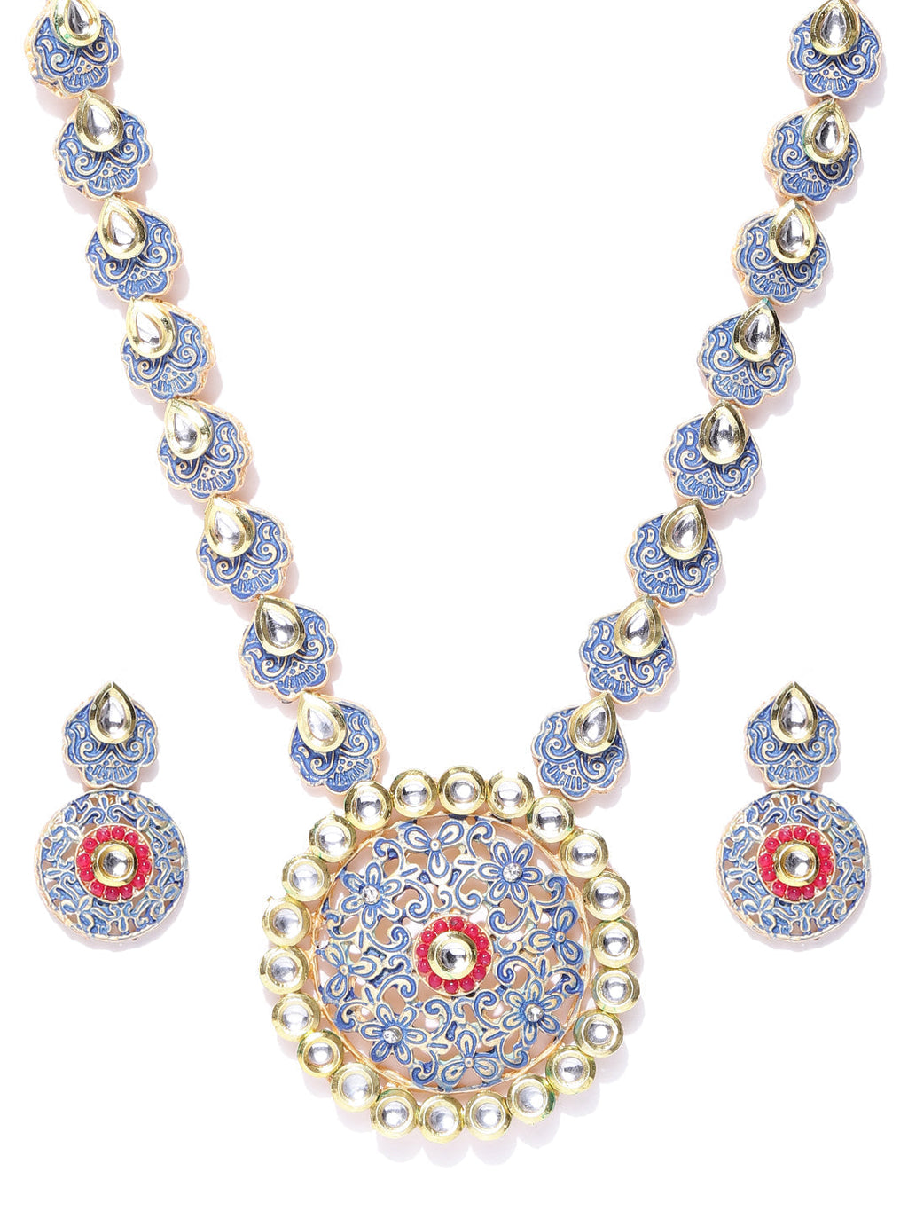 Priyaasi Women Blue Red Kundan Gold-Polished Meenakari Jewellery Set - Swadesiicart