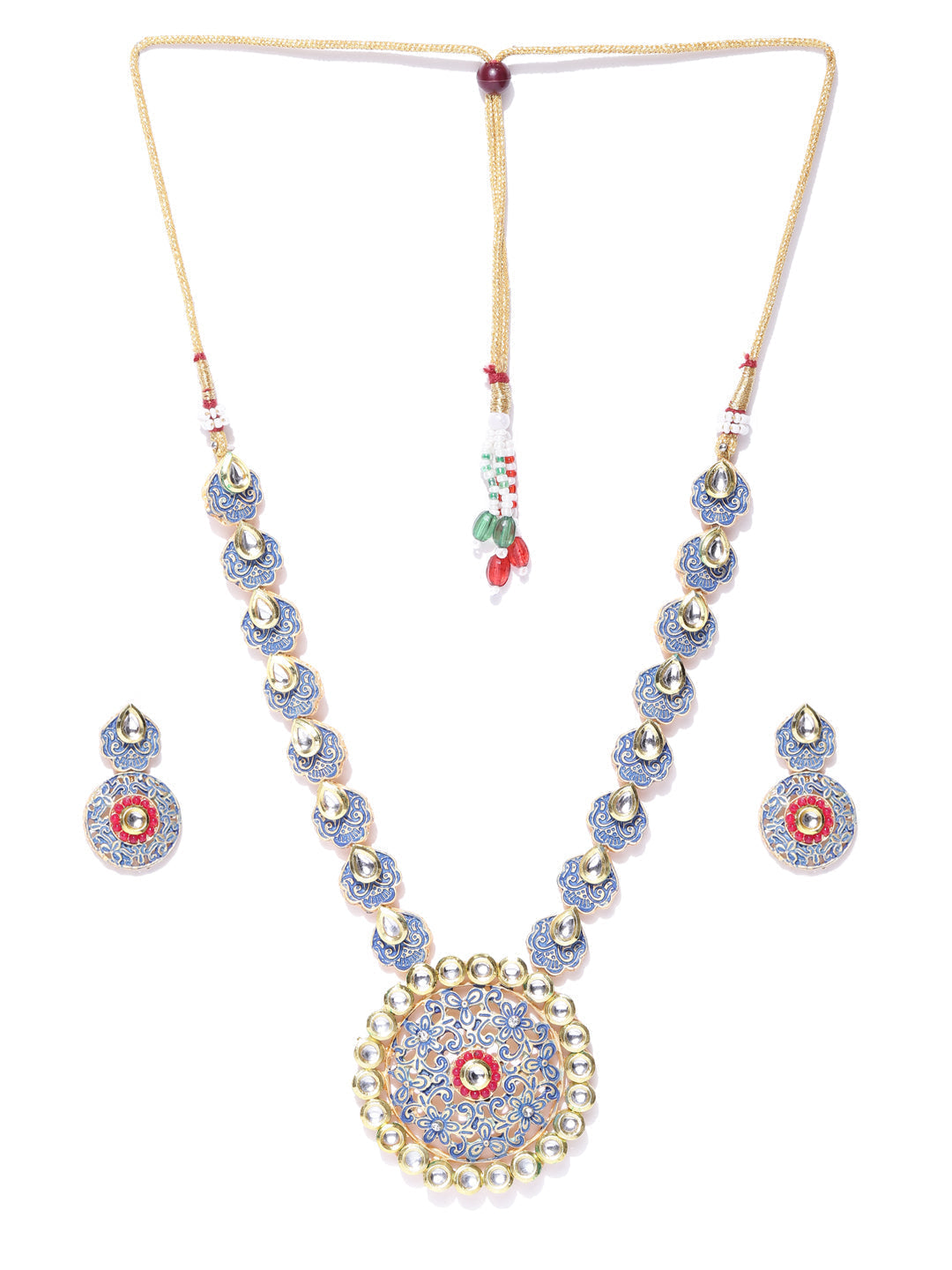 Priyaasi Women Blue Red Kundan Gold-Polished Meenakari Jewellery Set - Swadesiicart