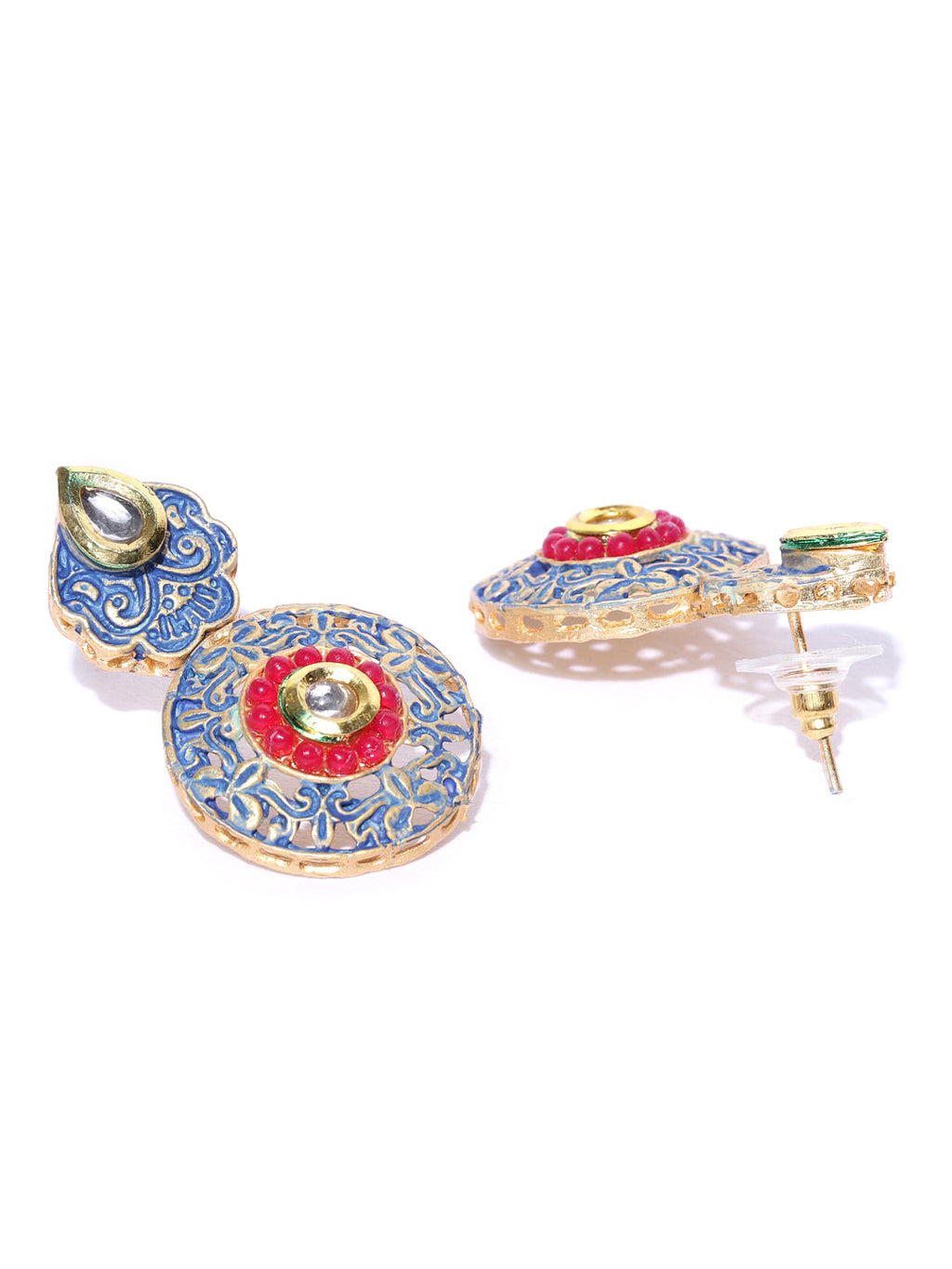 Priyaasi Women Blue Red Kundan Gold-Polished Meenakari Jewellery Set - Swadesiicart
