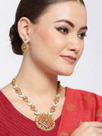 Priyaasi Women Orange Green Kundan Gold-Polished Meenakari Jewellery Set - Swadesiicart