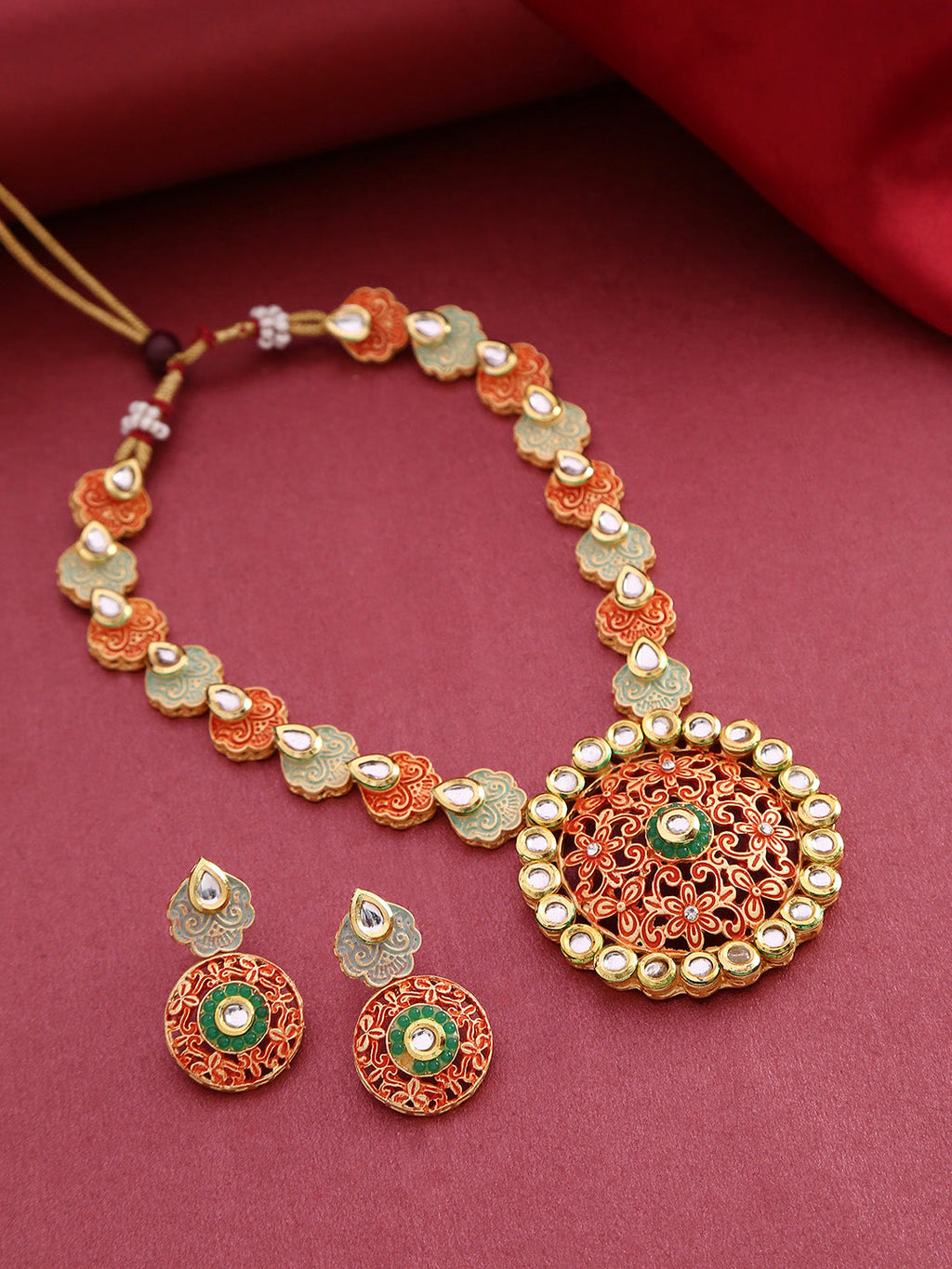Priyaasi Women Orange Green Kundan Gold-Polished Meenakari Jewellery Set - Swadesiicart