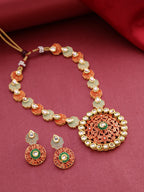 Priyaasi Women Orange Green Kundan Gold-Polished Meenakari Jewellery Set - Swadesiicart