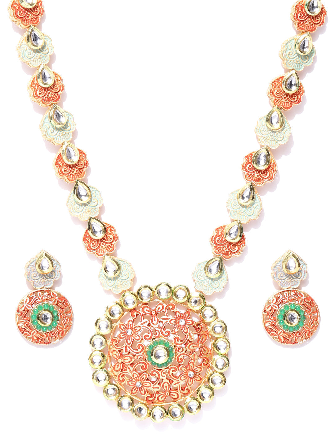 Priyaasi Women Orange Green Kundan Gold-Polished Meenakari Jewellery Set - Noz2Toz