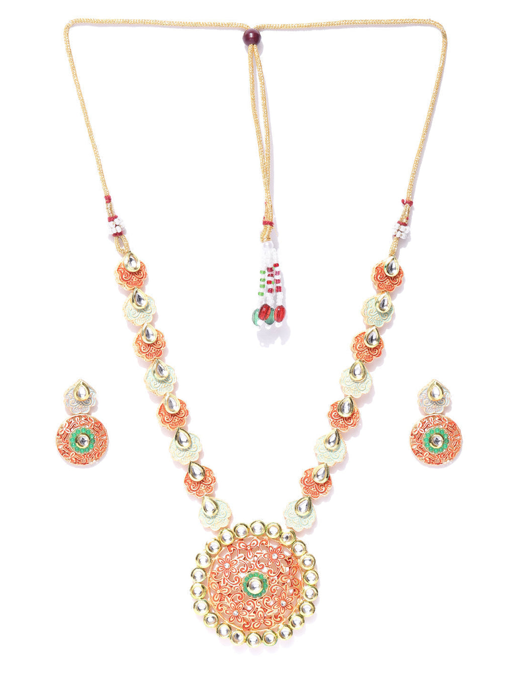 Priyaasi Women Orange Green Kundan Gold-Polished Meenakari Jewellery Set - Swadesiicart