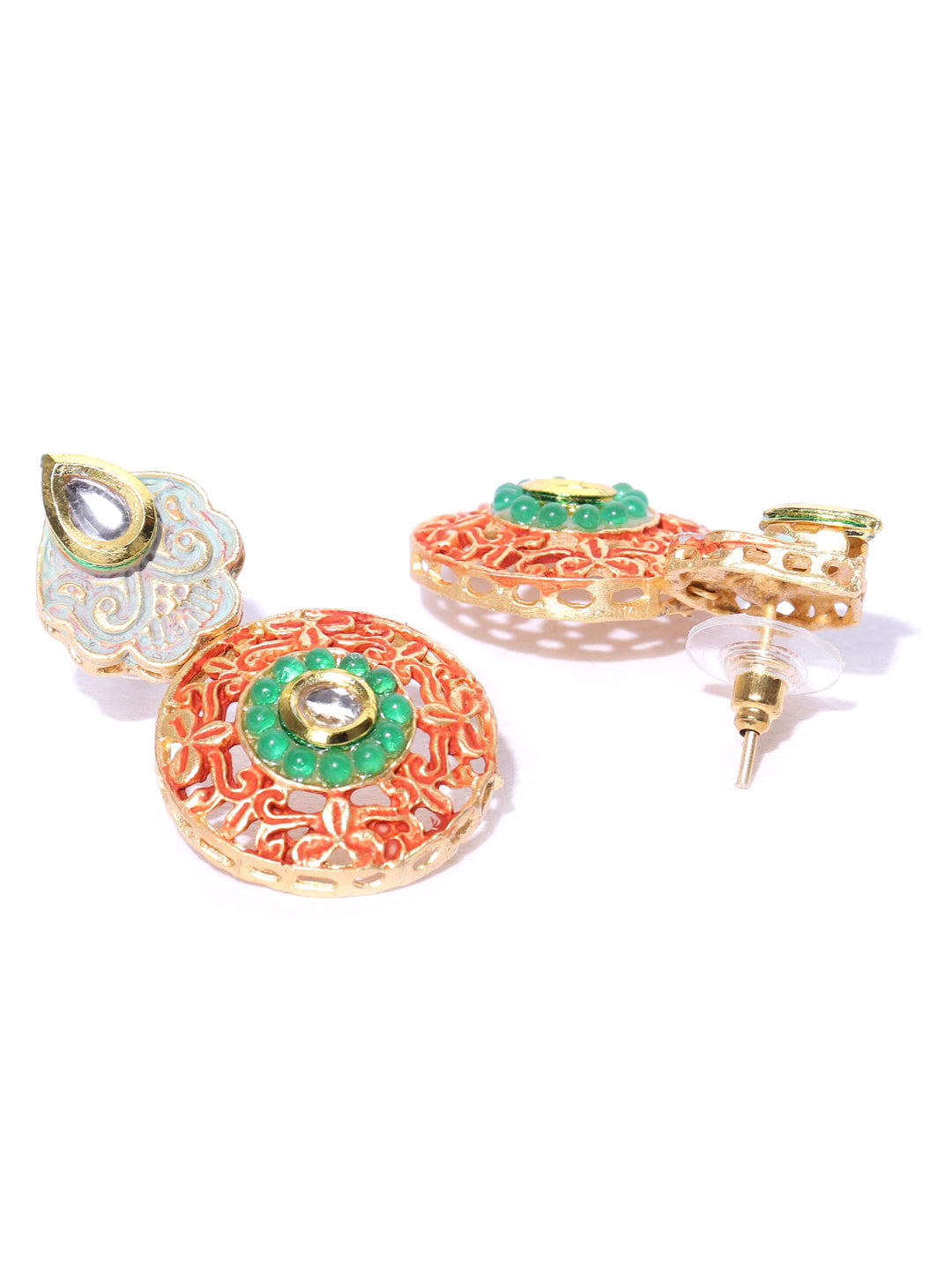 Priyaasi Women Orange Green Kundan Gold-Polished Meenakari Jewellery Set - Swadesiicart
